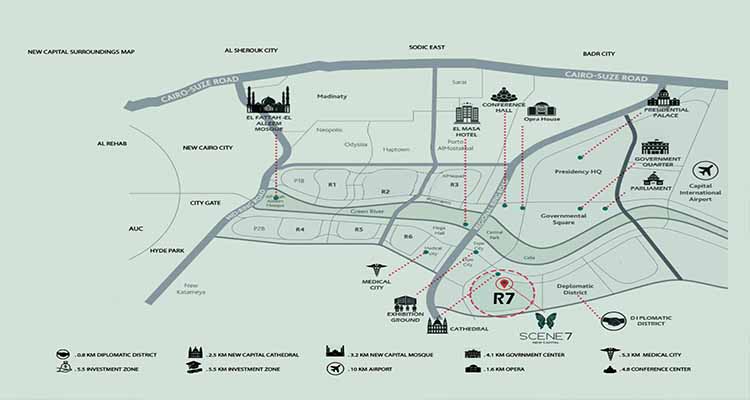 SCENE 7 New Capital location - موقع كمبوند سين 7 العاصمة الادارية