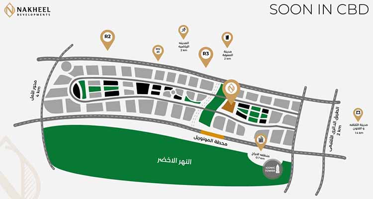 Location of Double Two Towers New Capital - Nakheel Developments - موقع دي تو تاورز - دبل تو تاورز العاصمة الإدارية الجديدة - النخيل للتطوير العقاري